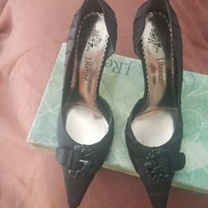 Black Satin Pumps with Black Crystal Embelishments